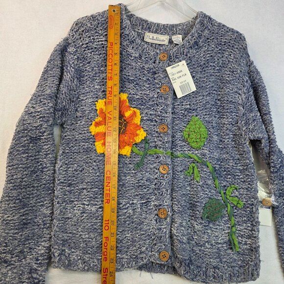 Floral Hand Knit Rag Cardigan Small Med Denim Blue Bellepointe Vintage Deadstock - Picture 9 of 9